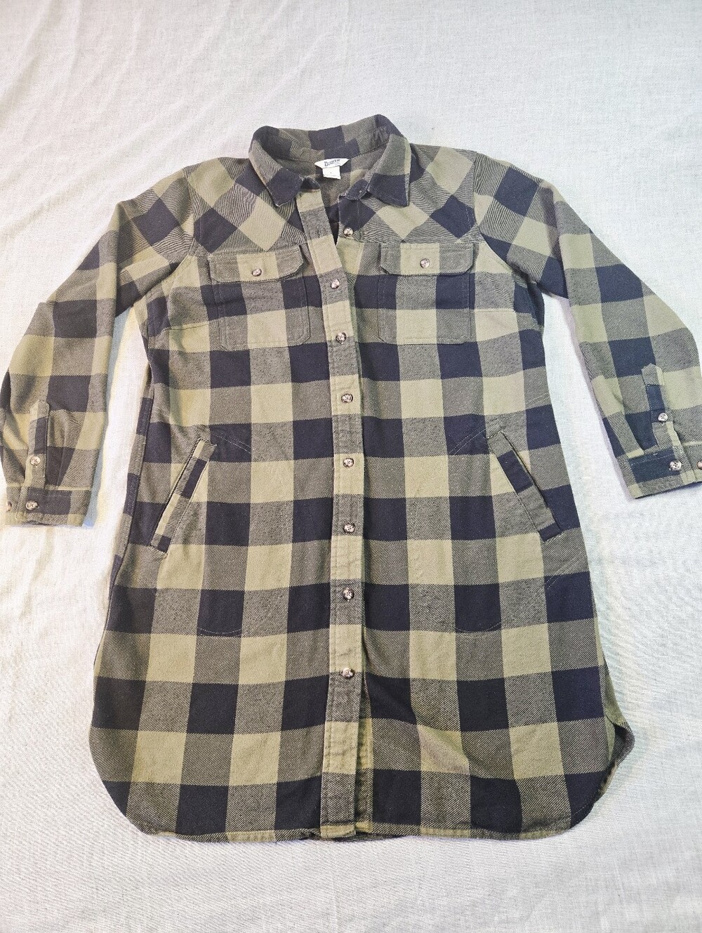 Duluth Trading Co Women's Large Flannel Duster Cardigan Shirt Jacket Plaid Green